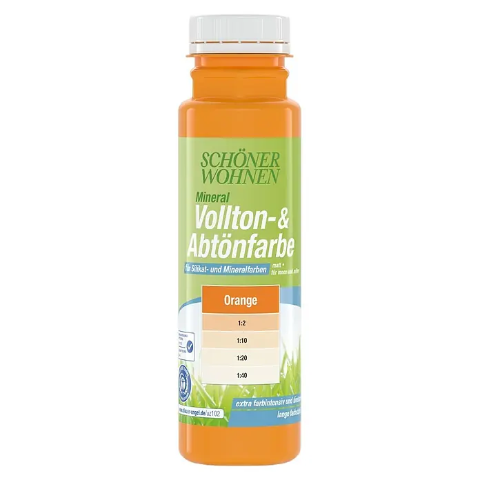 SCHÖNER WOHNEN-Farbe Vollton- & Abtönfarbe Silikat - Orange, Matt, 250 ml - Orange Flasche Mineral-Abtönfarbe mit weißem Deckel, zeigt Farbmischverhältnisse.