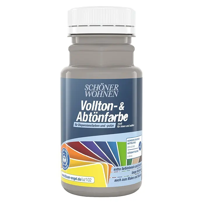 SCHÖNER WOHNEN-Farbe Vollton- & Abtönfarbe - Lavagrau, Matt, 125 ml - Graue SCHÖNER WOHNEN Vollton- & Abtönfarbe Flasche mit weißem Deckel und Etikett mit Regenbogenfarben.