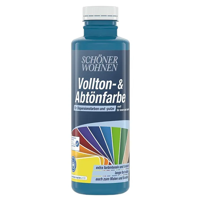 SCHÖNER WOHNEN-Farbe Vollton- & Abtönfarbe - Capriblau, Matt, 500 ml - Blaue Flasche SCHÖNER WOHNEN Vollton- & Abtönfarbe mit weißem Deckel und Farbmuster, matt, für innen und außen.