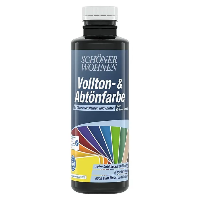 SCHÖNER WOHNEN-Farbe Vollton- & Abtönfarbe - Schwarz, Matt, 500 ml - Schwarze Flasche Schöner Wohnen Vollton- & Abtönfarbe mit blauem Etikett und Farbskala. Matt, farbintensiv für innen und außen.