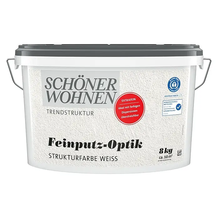 SCHÖNER WOHNEN-Farbe Trendstruktur Dekoputz Feinputz-Optik Strukturfarbe - Weiß, 8 kg, Sehr Fein - Schöner Wohnen Feinputz-Optik Strukturfarbe Weiß in einem grau-weißen 8kg Eimer.