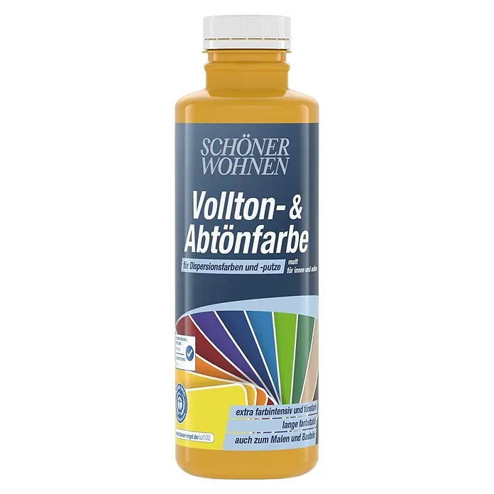 SCHÖNER WOHNEN-Farbe Vollton- & Abtönfarbe - Signalgelb, Matt, 500 ml - SCHÖNER WOHNEN Vollton- & Abtönfarbe in orangefarbener Flasche mit weißer Kappe, mit blauem und farbigem Etikett.
