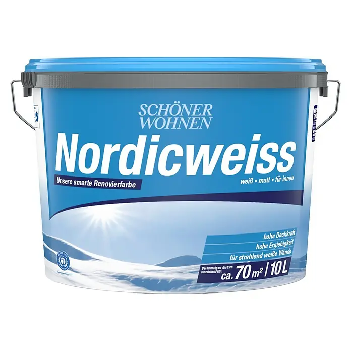 SCHÖNER WOHNEN-Farbe Wandfarbe Nordicweiß - Weiß, Matt, 10 l - Blauer Farbeimer mit weißer Aufschrift "Nordicweiss" von Schöner Wohnen, 10L für ca. 70m², weiß matt für innen.