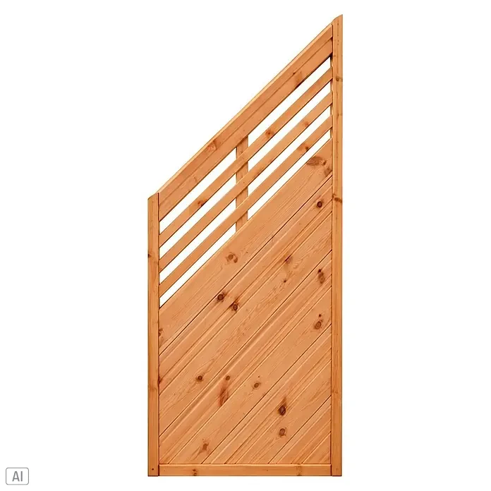 Joda Sichtschutz-Abschlusselement Bonn Schrägelement - B x H: 90 x 90/180 cm, Natur/ Pinie, Abschluss links - Helles Holzzaunfeld mit diagonalen Lamellen und massivem Holzsockel.