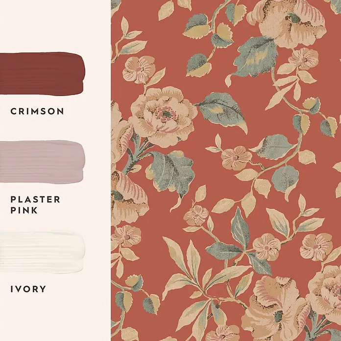 Vliestapete Hibiskusblüten 1000x52cm Laura Ashley -  - Blumentapete mit Terrakotta-Hintergrund, dazu passende Farbmuster: Crimson, Plaster Pink, Ivory.