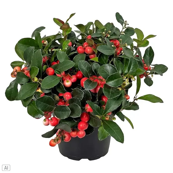 Piardino Strauchveronika - Gaultheria procumbens, Topfgröße: 19 cm, Weiß bis rosafarben - Pflanze mit leuchtend roten Beeren und grünen Blättern in einem schwarzen Topf.