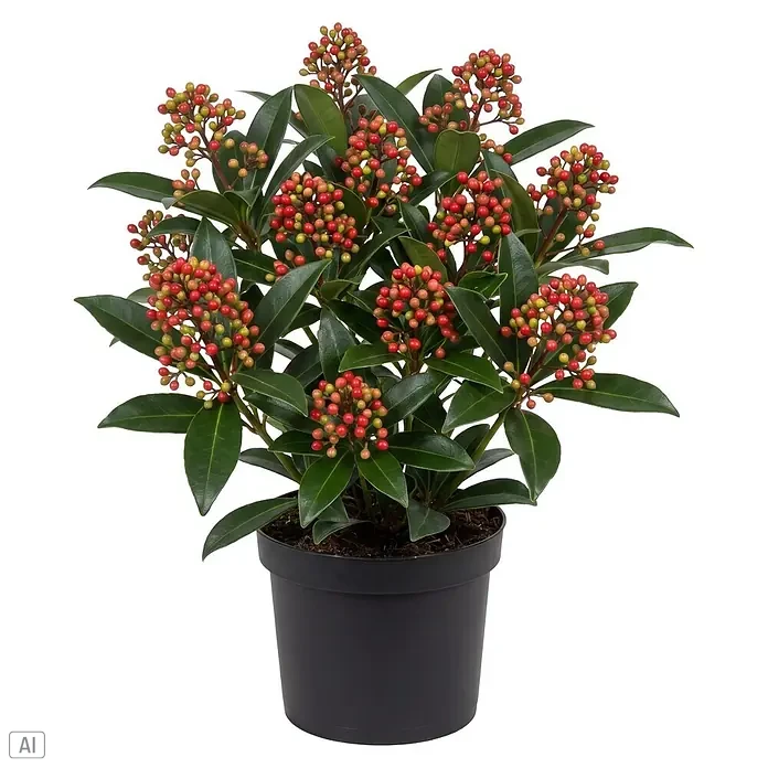Chinesische Skimmie - Skimmia japonica subsp. reevesiana, Topfgröße: 17 cm - Topfpflanze mit dunkelgrünen Blättern und leuchtenden roten und gelben Beerenbüscheln in einem schwarzen Topf.