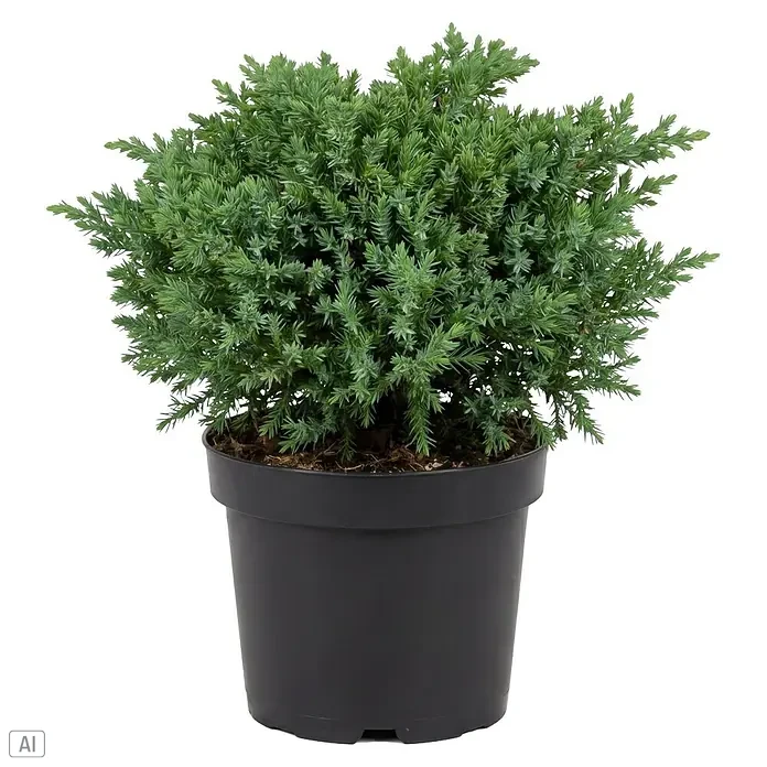 Piardino Blaue Scheinzypresse Blue Moon - Chamaecyparis pisifera 'Blue Moon', Topfgröße: 18 cm - Eine grüne Nadelpflanze in einem schwarzen Plastiktopf.