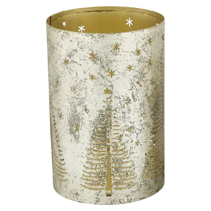Teelichthalter - 10 x 15 cm, Baum, Metall - Distressed silberweißes Metall-Kerzenhalter mit goldener Innenseite und ausgeschnittenen Weihnachtsbäumen und Sternen.