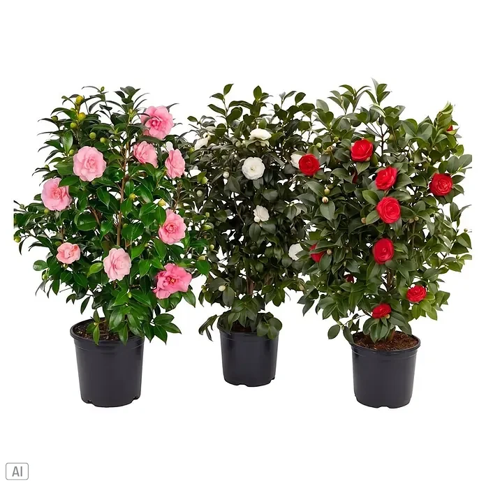 Piardino Japanische Kamelie - Camellia japonica in Sorten, Topfgröße: 10 cm, Blütenfarbe: Verschiedene Farben - Drei getopfte Kamelienpflanzen mit rosa, weißen und roten Blüten, jede in einem dunklen Topf.