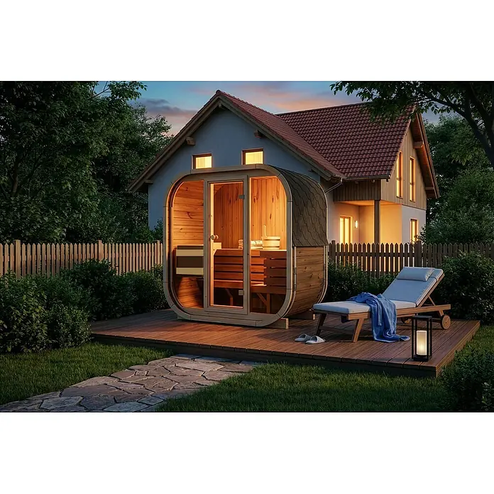 FinnTherm Comfort Set Fasssauna Ellipso M Fasssauna 4 Sitzbänke aus Holz Sauna mit 42 mm Wandstärke Außensauna -  - Holzfasssauna im Garten bei Dämmerung, von innen beleuchtet, mit Liegestuhl und Hausschuhen. Ideal für abendliche Entspannung.