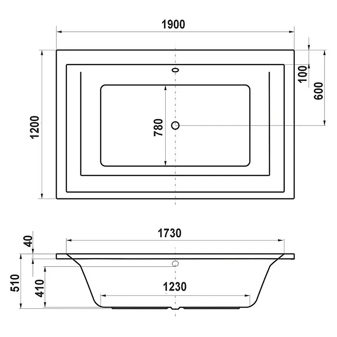 Mare Badewanne Komplettset 190 x 120 x 65 mit Fußgestell -  - Technische Zeichnung einer rechteckigen Badewanne mit Draufsicht und Seitenansicht inklusive Maßen.