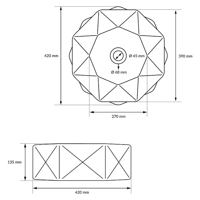 LuxeBath Waschbecken Keramik in Weiß glänzend Ø42x13,5 cm Diamant Design -  - Technische Zeichnung eines facettierten, flachen Produkts, mit Drauf- und Seitenansicht sowie Bemaßungen. Es zeigt Öffnungen von Ø45mm und Ø68mm.
