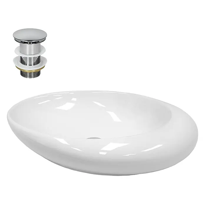 LuxeBath Waschbecken Keramik 585x375x145 mm oval Weiß mit Ablaufgarnitur -  - Weißes ovales Keramikwaschbecken mit glänzender Oberfläche und Chrom-Pop-up-Ablaufgarnitur.