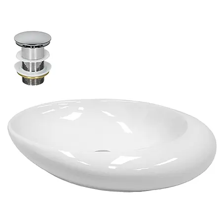 LuxeBath Waschbecken Keramik 585x375x145 mm oval Weiß mit Ablaufgarnitur