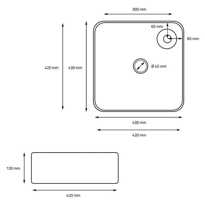 LuxeBath Waschbecken Keramik Schwarz Matt 43x43x12cm Ablaufgarnitur -  - Technische Zeichnung eines rechteckigen Behälters, 430x420x120mm, mit abgerundeten Ecken und zwei runden Öffnungen, eine Ø45mm.
