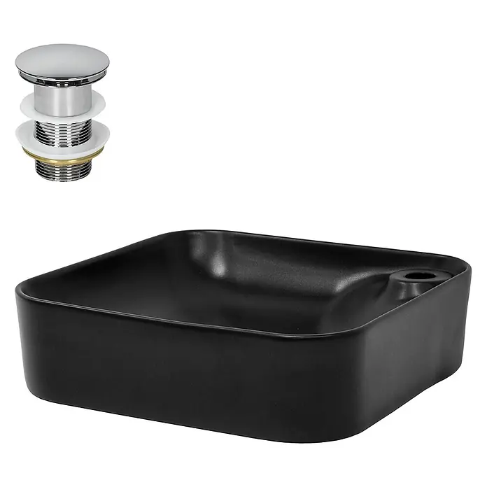 LuxeBath Waschbecken Keramik Schwarz Matt 43x43x12cm Ablaufgarnitur -  - Schwarzes rechteckiges Keramikwaschbecken mit integriertem Überlauf und verchromtem Pop-up-Ablaufventil.
