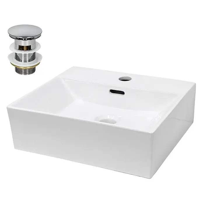 LuxeBath Waschbecken Keramik Waschtisch 415x360x130 mm mit Ablaufgarnitur -  - Weißes rechteckiges Keramikwaschbecken mit Überlauf und Hahnloch, inklusive verchromtem Ablaufventil.