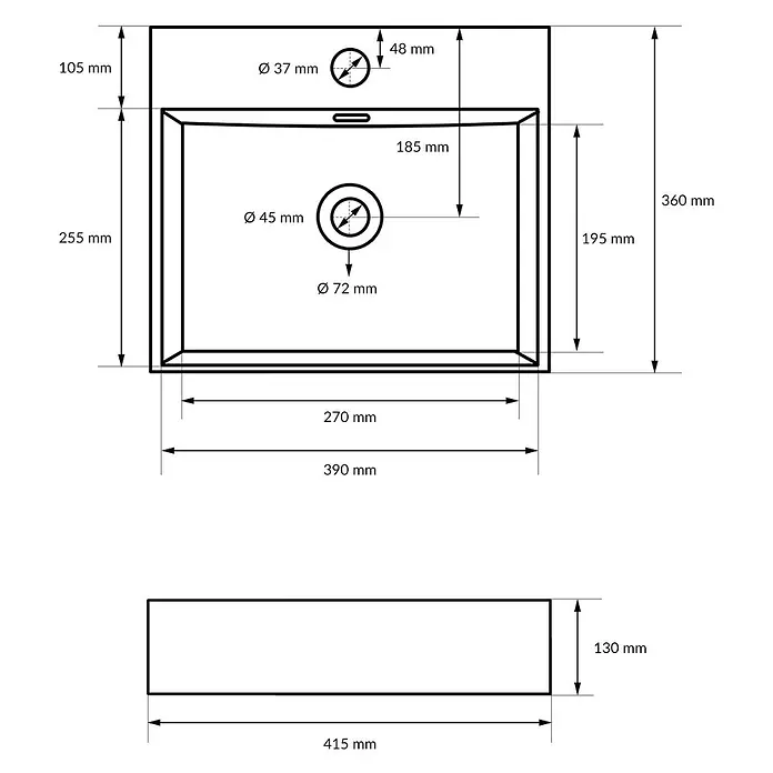 LuxeBath Waschbecken Keramik 415x360x130 mm Eckig Weiß mit Ablaufgarnitur -  - Technische Zeichnung eines rechteckigen Keramikwaschbeckens mit zwei runden Öffnungen und detaillierten Maßen von oben und von der Seite.