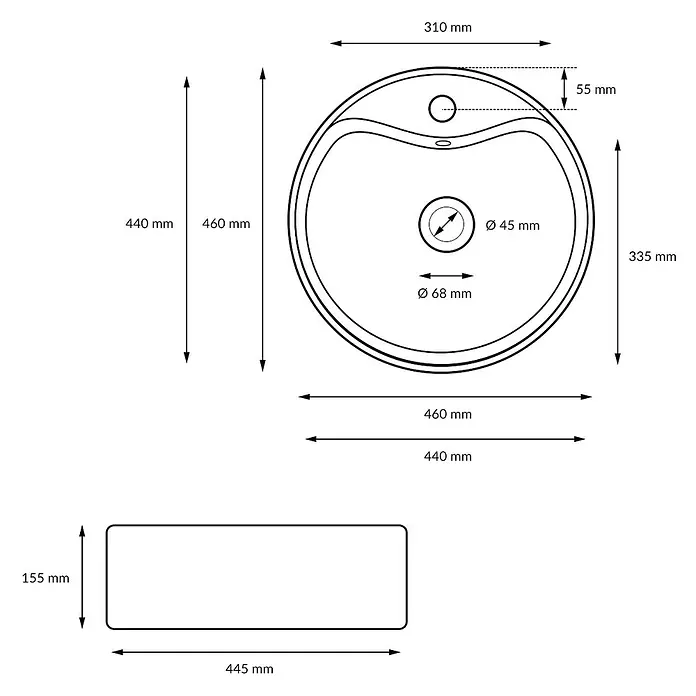 LuxeBath Keramik Waschbecken Ø 460 x 155 mm Weiß mit Ablaufgarnitur -  - Technische Zeichnung eines asymmetrischen weißen Keramik-Waschbeckens, zeigt Draufsicht und Vorderansicht mit Maßen.