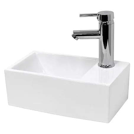 LuxeBath Waschbecken Keramik Weiß 350x205x125mm eckig Ablaufgarnitur Rechts