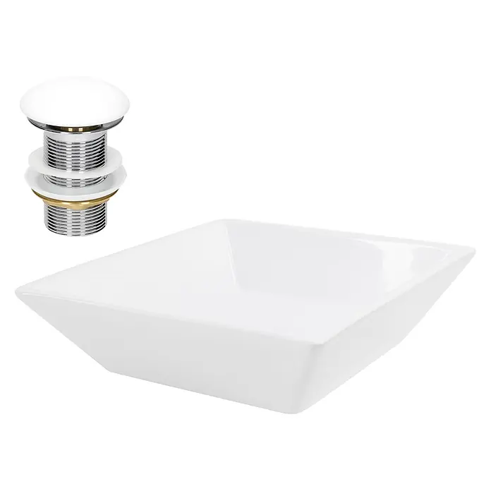 ML-Design Waschbecken Keramik 41x41x12 cm Weiß Eckig inkl. Ablaufgarnitur -  - Weißes, quadratisches Keramik-Aufsatzwaschbecken mit weißem und verchromtem Push-Open-Ablaufstopfen.