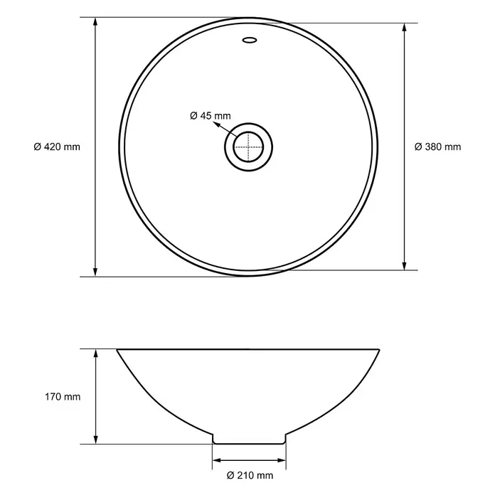 LuxeBath Waschbecken Keramik Waschtisch Ø 420 x 170 mm Rund Weiß -  - Technische Zeichnung einer runden Aufsatzwaschschale. 420mm Durchmesser, 170mm Höhe, 45mm Abflussöffnung.