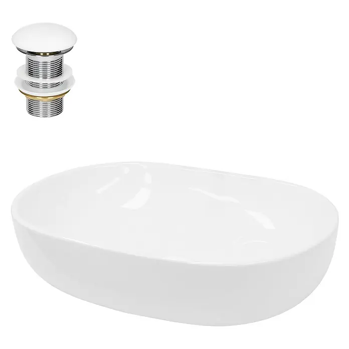 LuxeBath Waschbecken Keramik 600x420x145 mm Weiß mit Ablaufgarnitur -  - Weißes ovales Keramikwaschbecken mit weißem Pop-Up-Ablaufventil.