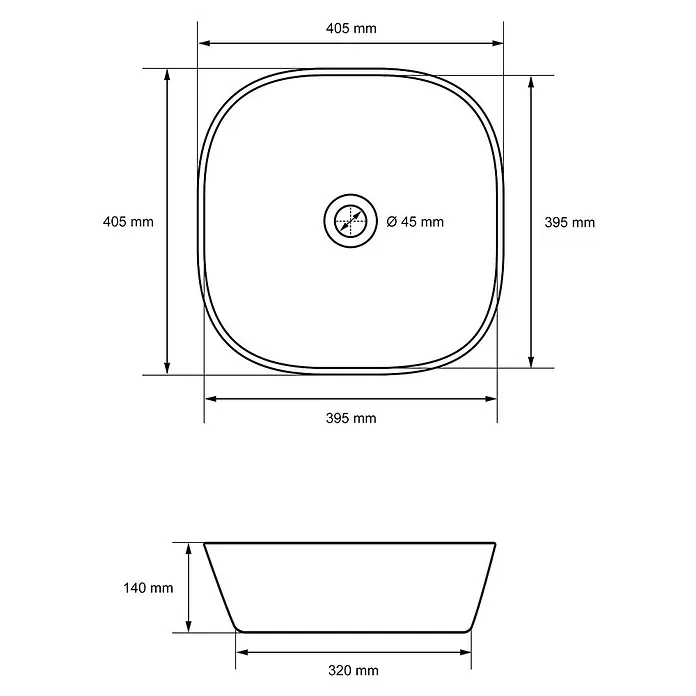 LuxeBath Waschbecken Keramik 405x405x140 mm Oval Weiß Ablaufgarnitur -  - Technische Zeichnung eines quadratischen Spülbeckens mit abgerundeten Ecken, Maße: 405x405 mm oben, 140 mm Höhe, 45 mm Ablauf.
