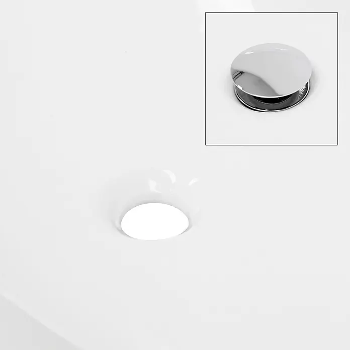 LuxeBath Waschbecken Keramik Waschtisch 480x380x140 mm mit Ablaufgarnitur -  - Weißes Waschbecken mit offenem Abfluss und eine Nahaufnahme eines verchromten Pop-up-Ablaufstopfens.