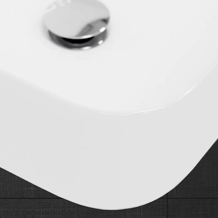 LuxeBath Waschbecken Keramik Design Waschtisch 480x380x140 mm Spülbecken -  - Weißes Keramikwaschbecken mit Chromablaufstopfen auf dunkler, texturierter Oberfläche.