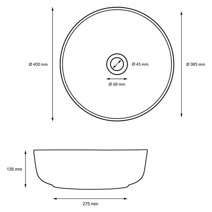 ECD Germany Waschbecken 400x400x135 mm Keramik Rund Weiß mit Ablaufgarnitur -  - Technische Zeichnung eines runden Waschbeckens, mit Maßen in Draufsicht und Seitenansicht.