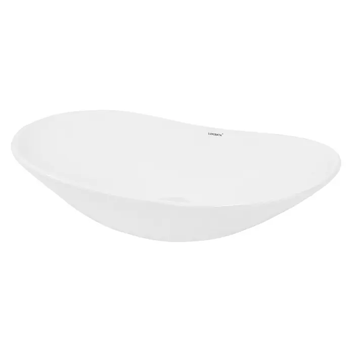 LuxeBath Waschbecken Keramik Waschtisch 640x365x130 mm mit Ablaufgarnitur -  - Weißes ovales Keramikwaschbecken mit LUXEBATH-Branding.