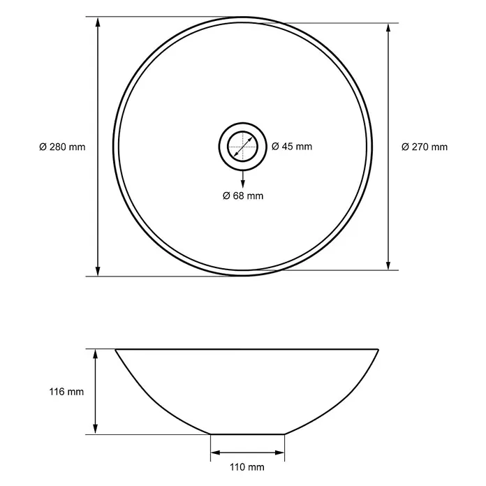 LuxeBath Waschbecken Keramik Weiß Ø 28x11,6 cm mit Ablaufgarnitur -  - Technische Zeichnung eines Waschbeckens mit Maßen: Außen-Ø 280x270 mm, Höhe 116 mm, Abflussöffnung Ø 45 mm.