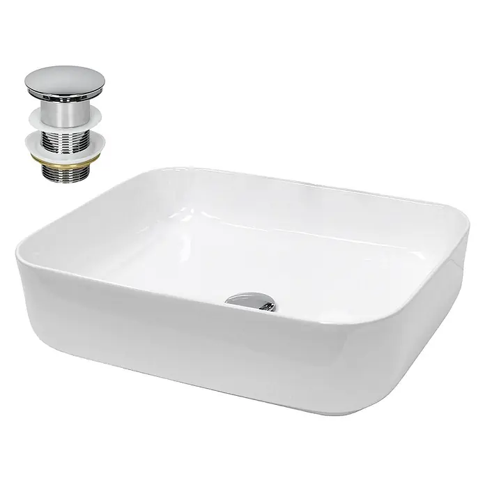 ECD Germany Waschbecken Waschtisch 505x395x135 mm Weiß Ablaufgarnitur -  - Weißes rechteckiges Keramikwaschbecken mit Chrom-Pop-up-Ablaufgarnitur.