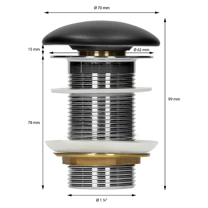 LuxeBath Waschbecken Keramik Schwarz Matt Ø 400 x 155 mm Ablaufgarnitur -  - Schwarzes Push-Open-Waschbeckenventil mit Chromkörper und Messingmutter, inklusive Maße.