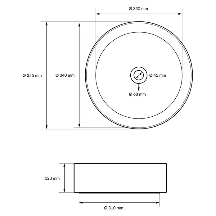 LuxeBath Waschtisch Keramik Ø 355 x 120 mm inkl. Ablaufgarnitur Rund Weiß -  - Technische Zeichnung eines runden Waschbeckens mit Hauptabmessungen: 355mm Durchmesser und 120mm Höhe.