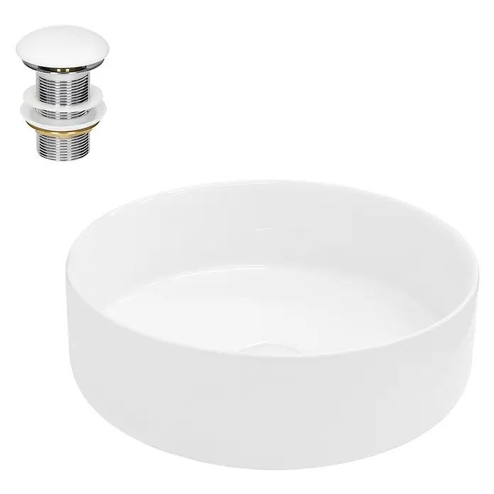 LuxeBath Waschtisch Keramik Ø 355 x 120 mm inkl. Ablaufgarnitur Rund Weiß -  - Weißes Keramik-Waschbecken mit verchromtem und weißem Pop-up-Ablaufventil.