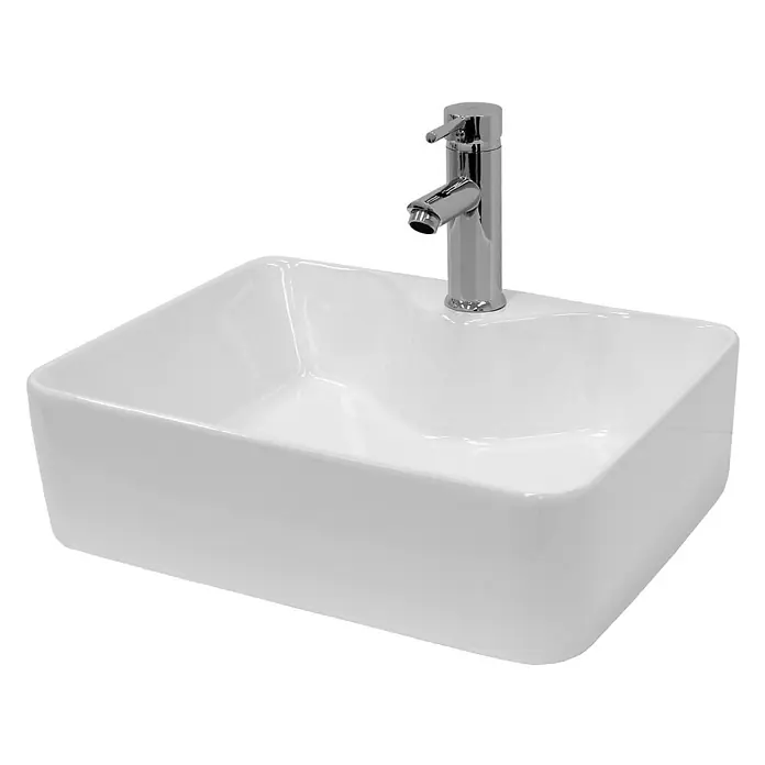 LuxeBath Waschbecken Keramik Waschtisch 480x380x140 mm mit Ablaufgarnitur -  - Weißes, rechteckiges Keramik-Aufsatzwaschbecken mit montierter Chromarmatur.