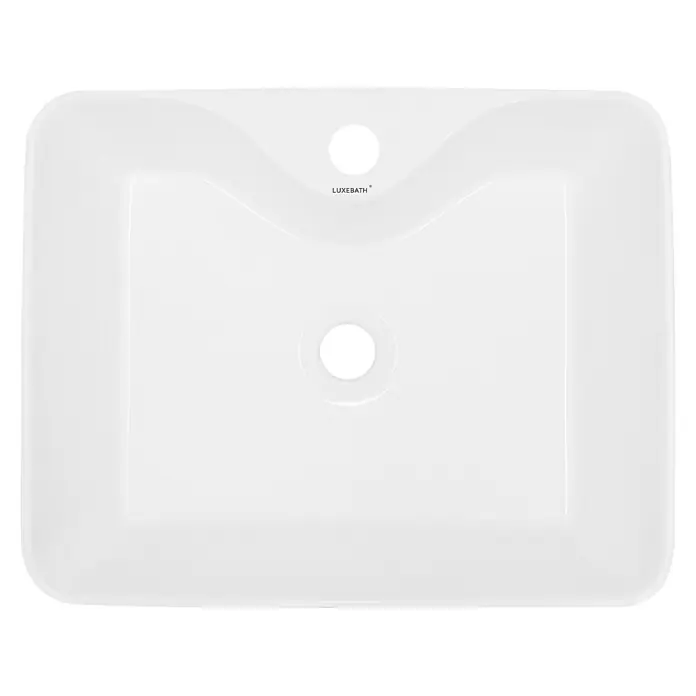 LuxeBath Waschbecken Keramik Waschtisch 480x380x140mm mit Ablaufgarnitur -  - Weißes Keramik-Waschbecken mit abgerundeten Ecken, einem Wasserhahnloch und zentralem Abfluss, Marke LUXEBATH.