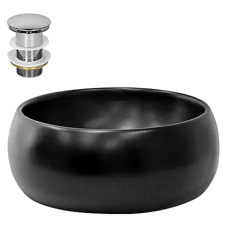 LuxeBath Waschbecken Keramik Schwarz matt Ø 400 x 155 mm mit Ablaufgarnitur