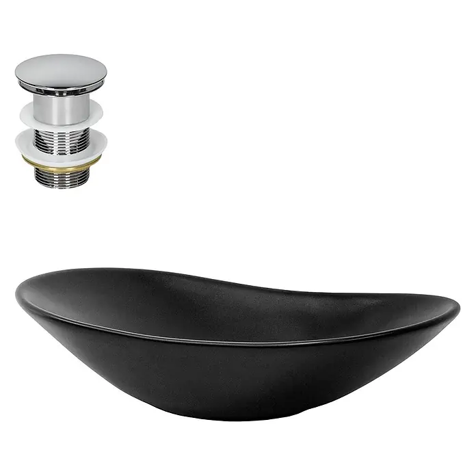 ML-Design Waschbecken Keramik Schwarz Matt 63x36x15,5cm Ablaufgarnitur Oval -  - Schwarzes Keramik-Waschbecken mit Chrom-Pop-up-Ablaufgarnitur.