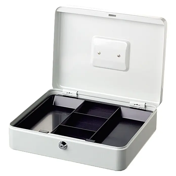 Burg-Wächter Geldkassette Money 5030 - 30 x 24 x 9 cm, Weiß - Ein offener, weißer Safe mit schwarzen Fächern im Inneren. Ideal für die sichere Aufbewahrung von Bargeld und Wertsachen.