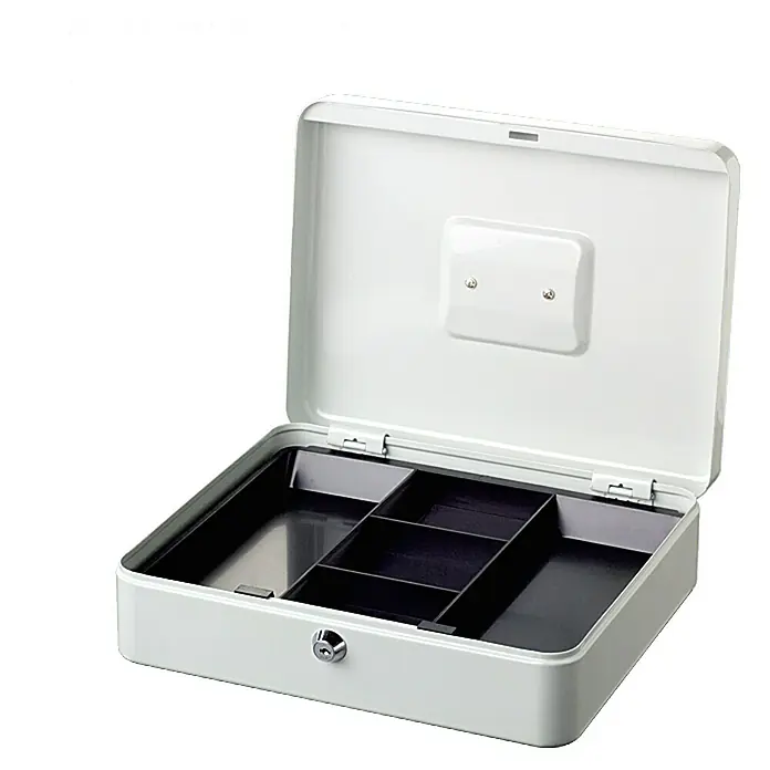 Burg-Wächter Geldkassette Money 5030 - 30 x 24 x 9 cm, Weiß - Ein offener, weißer Safe mit schwarzen Fächern im Inneren. Ideal für die sichere Aufbewahrung von Bargeld und Wertsachen.