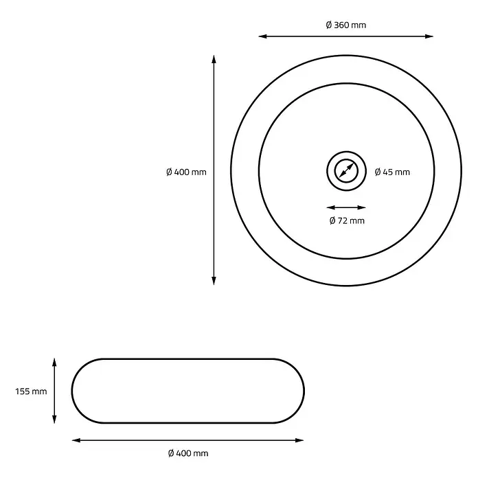 LuxeBath Waschbecken Keramik Schwarz Matt Ø 400 x 155 mm Ablaufgarnitur -  - Technische Zeichnung eines runden Beckens, Ø 400 mm und 155 mm hoch, mit Ø 45 mm zentralem Abflussloch.