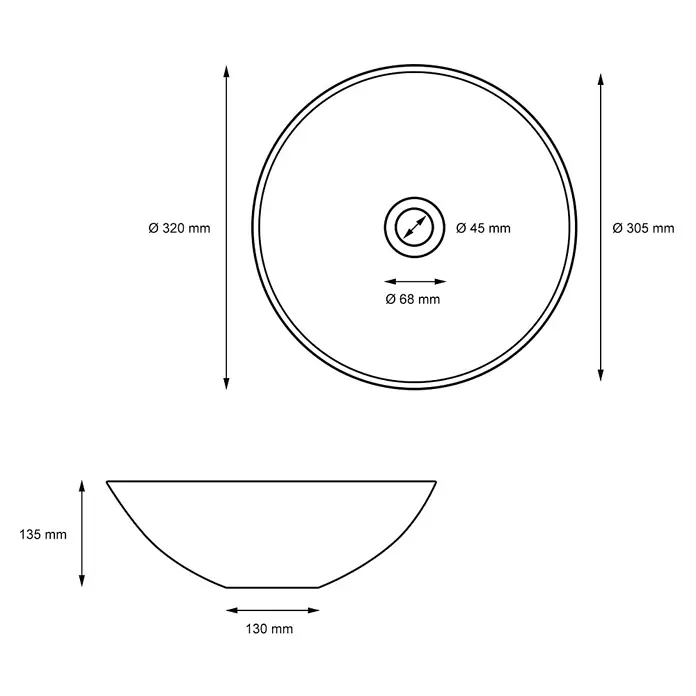 LuxeBath Waschbecken Keramik Schwarz Ø32x13,5 cm Rund mit Ablaufgarnitur -  - Technische Zeichnung: Rundwaschbecken, Ø 320mm, H 135mm, Ø 45mm Ablauf.
