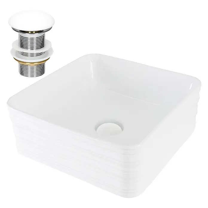 LuxeBath Waschbecken Keramik Weiß 39x39x15cm Quadratisch mit Ablaufgarnitur -  - Weißes Keramik-Rechteckwaschbecken mit Pop-up-Ablaufgarnitur.