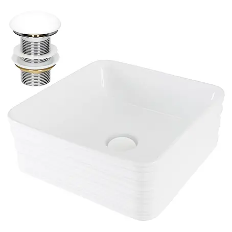 LuxeBath Waschbecken Keramik Weiß 39x39x15cm Quadratisch mit Ablaufgarnitur
