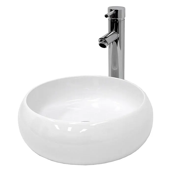 LuxeBath Waschbecken Waschtisch Ø 350 x 120 mm Keramik Weiß Ablaufgarnitur -  - Rundes, weißes Keramik-Aufsatzwaschbecken mit hohem Chrom-Mischbatterie.
