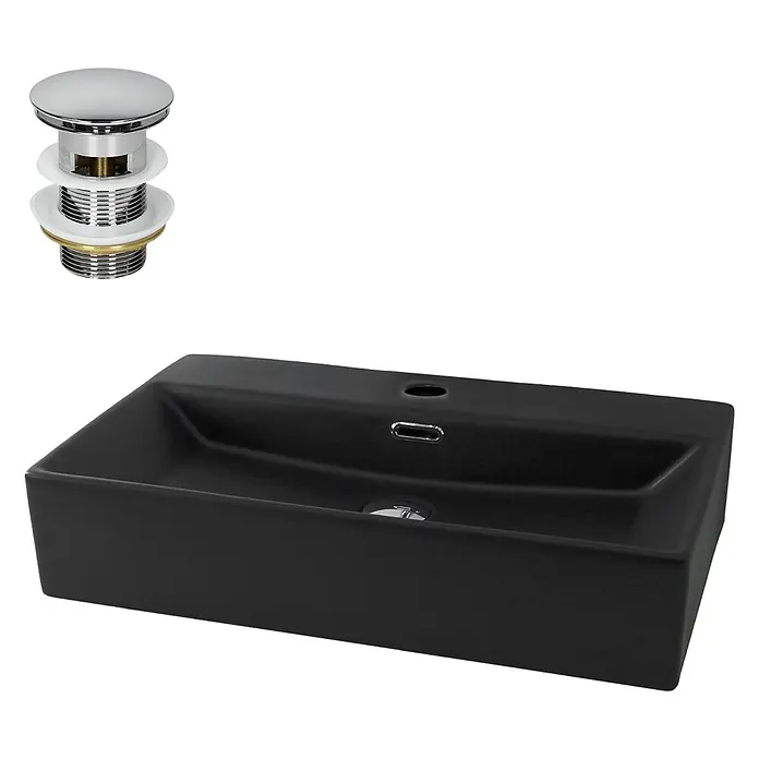 ML-Design Waschbecken Schwarz Matt 605x365x130mm mit Ablaufgarnitur -  - Schwarzes rechteckiges Keramikwaschbecken mit integriertem Überlauf und separatem Chrom-Pop-up-Ablaufventil.